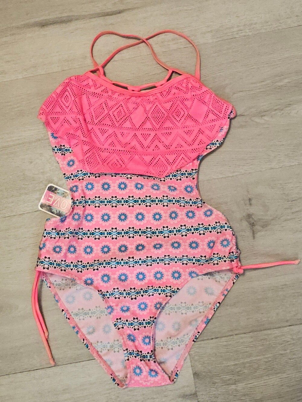 NWT Real Love Girls Pink Geometric Cutout One Piece Swimsuit Size 14/16